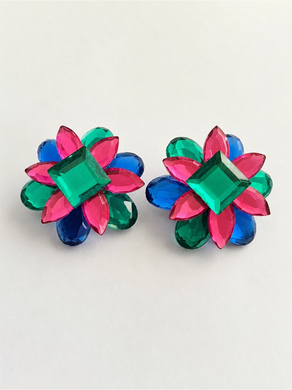 Vintage Oversized Jewel Tone Flower Stud Earrings Pink Blue Green